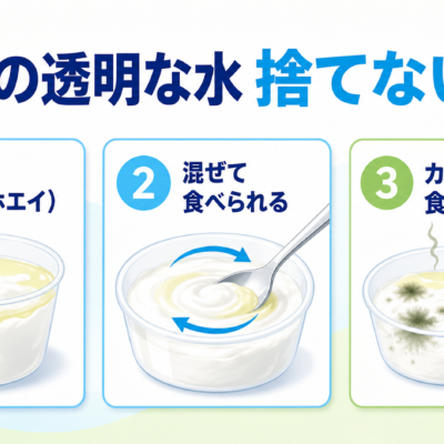 ヨーグルトの乳清を混ぜて食べる方法と異常サインを示す図解