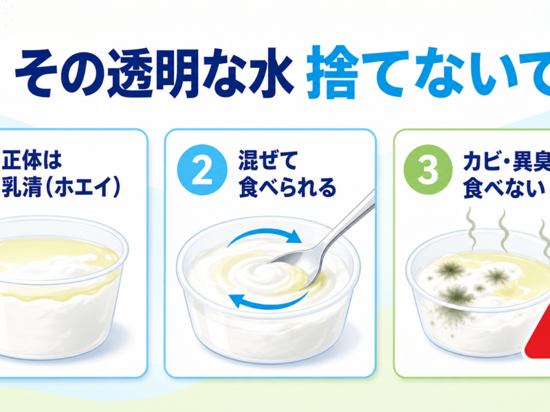 ヨーグルトの乳清を混ぜて食べる方法と異常サインを示す図解