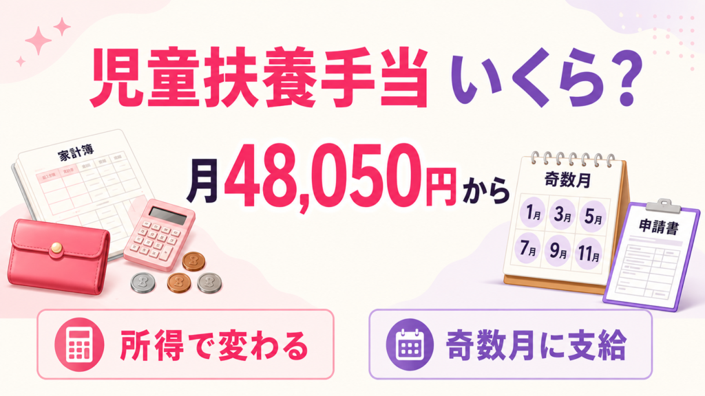 児童扶養手当は月48,050円からで、所得により変わり奇数月に支給されることを示す図解