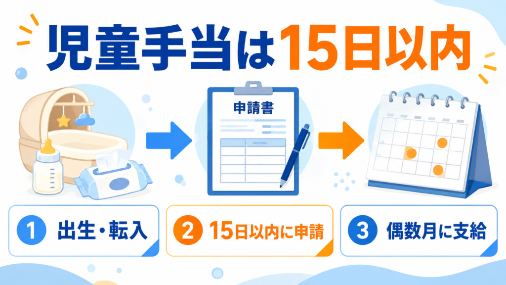 児童手当は出生・転入後15日以内に申請し、偶数月に支給される流れを示した図解