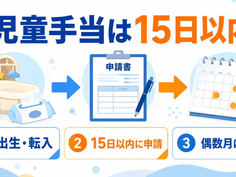 児童手当は出生・転入後15日以内に申請し、偶数月に支給される流れを示した図解